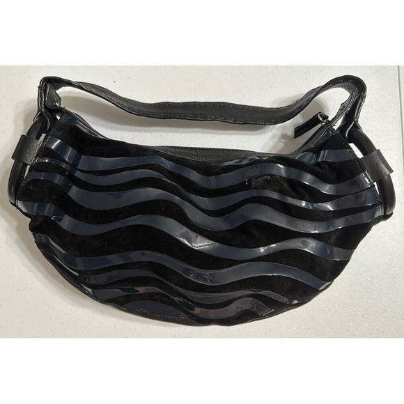 Sondra Roberts Black Wavy Faux Suede Leather Shoulder Bag Purse Designer Handbag - Picture 3 of 8
